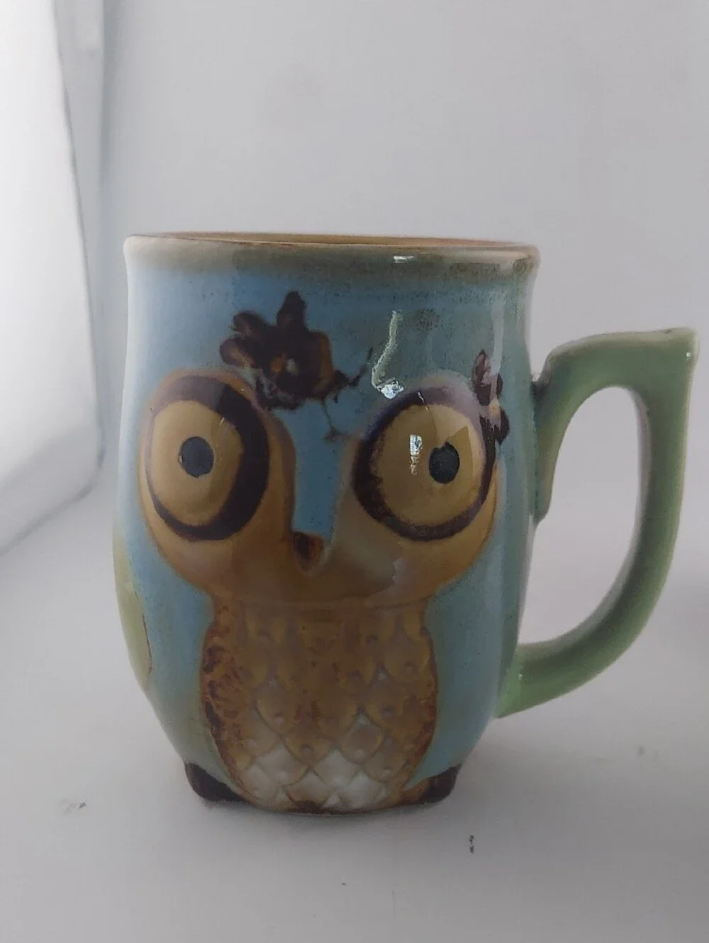 Vintage Owl Mug Set - Blue, White, Cream with Coral Accent